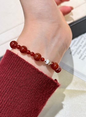 2026新款s925纯银大小天然红玛瑙拉丝猫眼手串女新年本命红色手饰