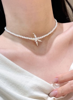 25新款绸缎银蝴蝶结吊坠正圆施家珍珠项链女精致高级轻奢锁骨链