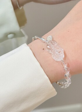2026新款s925纯银天然貔貅白水晶半手镯女高级感个性招财上升手饰
