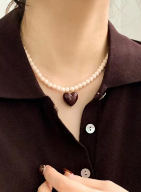 圆珠女项链爱心坠子毛衣链