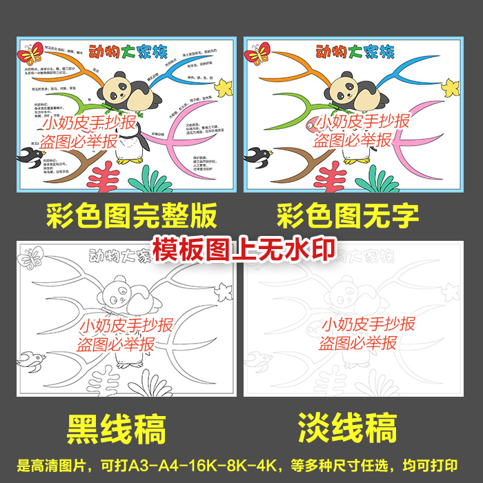 四年级科学课一单元动物大家族思维导图简介介绍黑白线稿模板手抄 - 图0