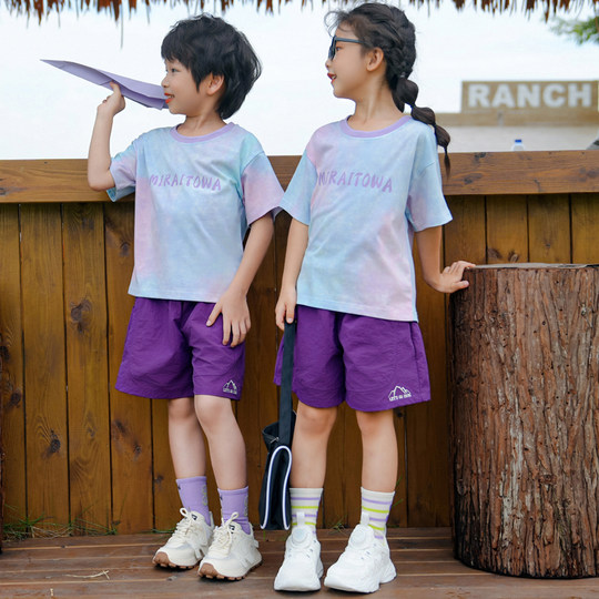 亲子装夏装2025新款扎染短袖t恤潮一家三口家庭套装四口速干裤夏