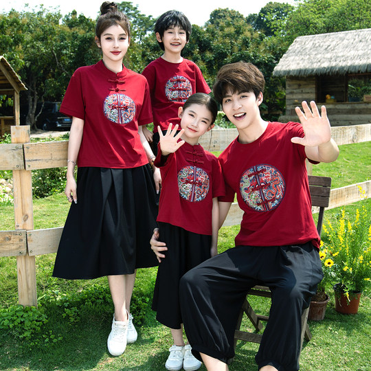 高端亲子装夏季汉服中国风红色T恤潮 一家三四口家庭套装母女裙子