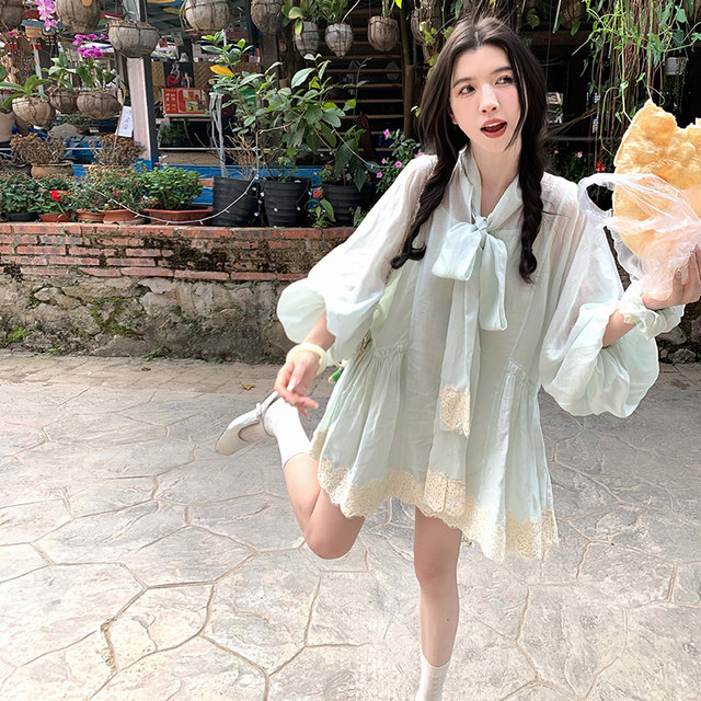 Yu Xiaoping draped jasmine small fresh bow tie sweet tencel embroidered dress loose skirt