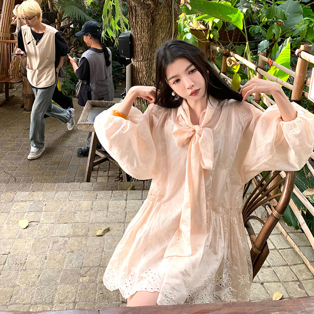 Yu Xiaoping draped jasmine small fresh bow tie sweet tencel embroidered dress loose skirt