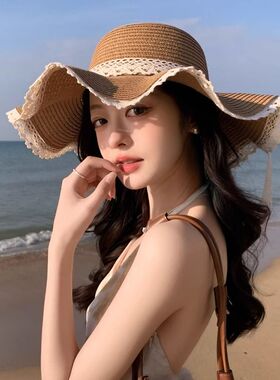 新款蕾丝草帽女春夏季百搭旅行遮阳帽子网红海边度假防晒太阳帽潮