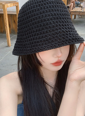 编织渔夫帽女夏季薄款透气日系显脸小水桶盆帽黑色韩版大头围帽子