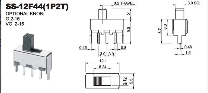 SS12F44 G3 G4 G5 6 7MM柄高 拨动开关 立式单排 2档3脚 滑动开关 - 图1