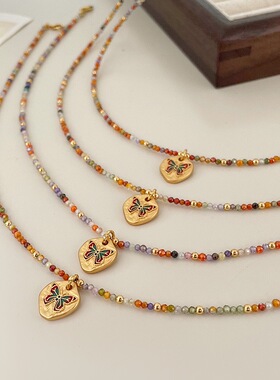 【熹知·蝶梦】彩色锆石串珠滴油蝴蝶项链女百搭气质彩虹锁骨链