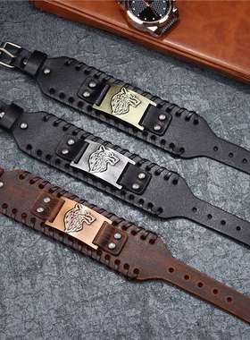 Temu热卖男士合金狼头配件宽皮手链新款编织手环皮饰品