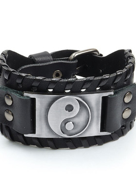 Temu热卖复古八卦宽皮PU手链 男士调节表带扣头编织表带扣手链