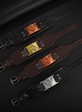 Temu热卖北欧宽皮维京皮手链凯尔特狼头男士手链朋克跨境配皮手镯