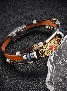 Temu热卖跨境编织复古皮手环合金黑胆石串珠手链复古镶嵌宝石手工