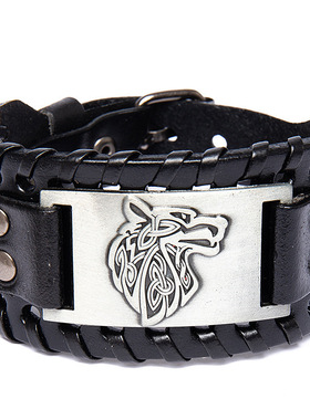 Temu热卖北欧宽皮维京皮手链凯尔特狼头男士手链跨境配皮手镯朋克