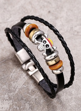 Temu热卖欧美流行动漫周边海贼王款皮革手链学生锌路飞皮手链合金