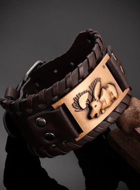 Temu热卖跨境朋克男士PU手链复古编织合金手链配饰