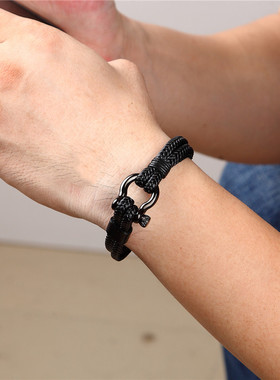 欧美手链 男士真皮编织钛钢手环 马蹄扣不锈钢饰品手环手镯