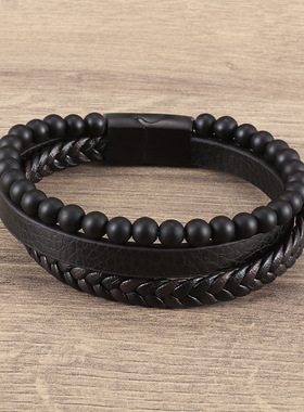 龙和天然石磨砂石皮手链多层男士皮革编织手镯