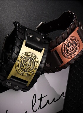 Temu热卖复古式宗教古银圆眼睛配件复古宽皮手链皮质