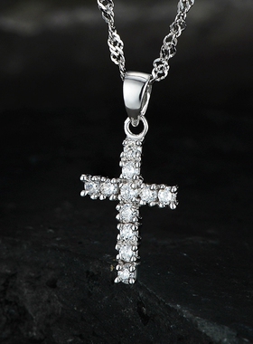 保真纯银十字架项链男女情侣镶嵌钻爱心吊坠S925银镀白金银饰刻字