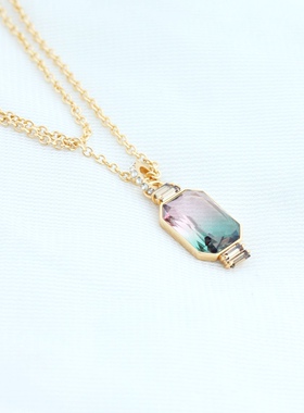 红绿黄绿过渡色微撞色长方形亮钻项链女欧美饰品配饰防过敏镀金