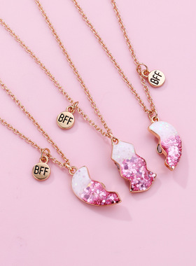 粉色爱心拼接儿童闺蜜项链手链磁吸三人套装友谊生日礼物三件套女