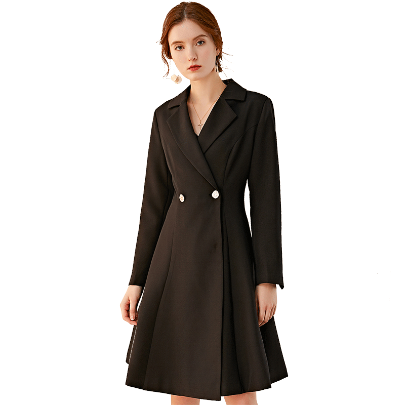 名人瑞裳中长款2020年春季黑色风衣 名人瑞裳风衣