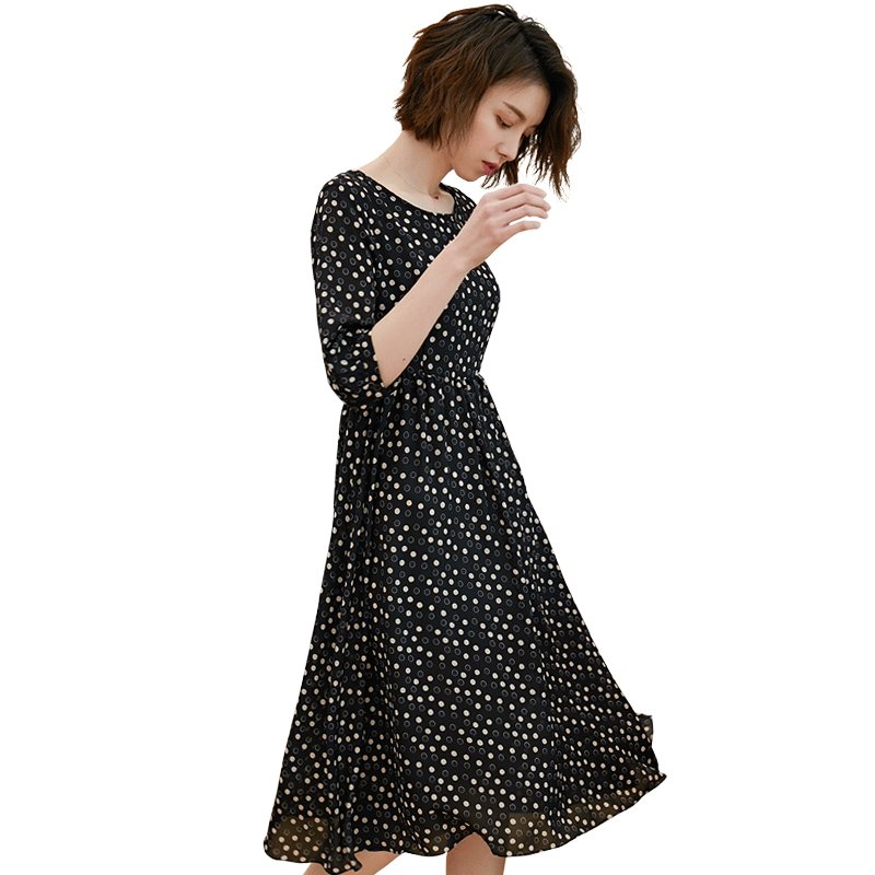 名人瑞裳2019夏季新款波点黑色雪纺 名人瑞裳连衣裙