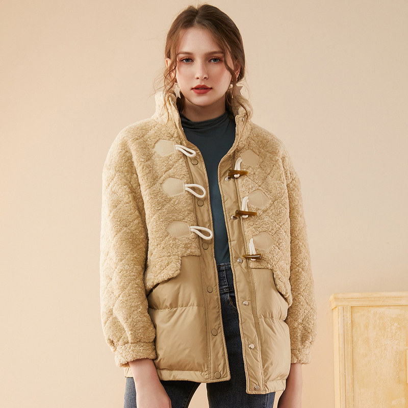 名人瑞裳冬季羊剪绒拼接新款羽绒服 名人瑞裳羽绒服