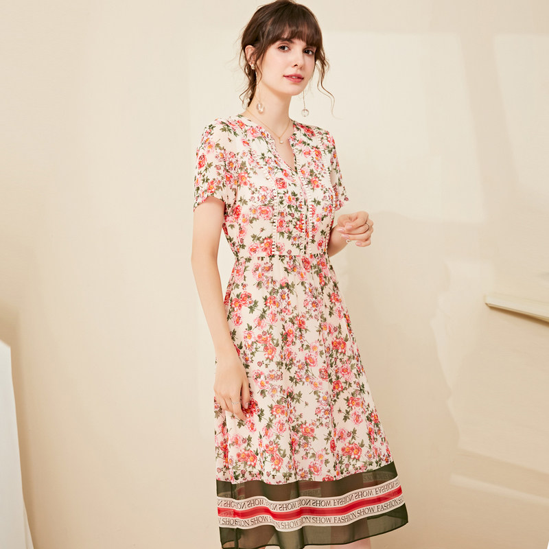 名人瑞裳2020新款夏天雪纺印花优雅 名人瑞裳连衣裙