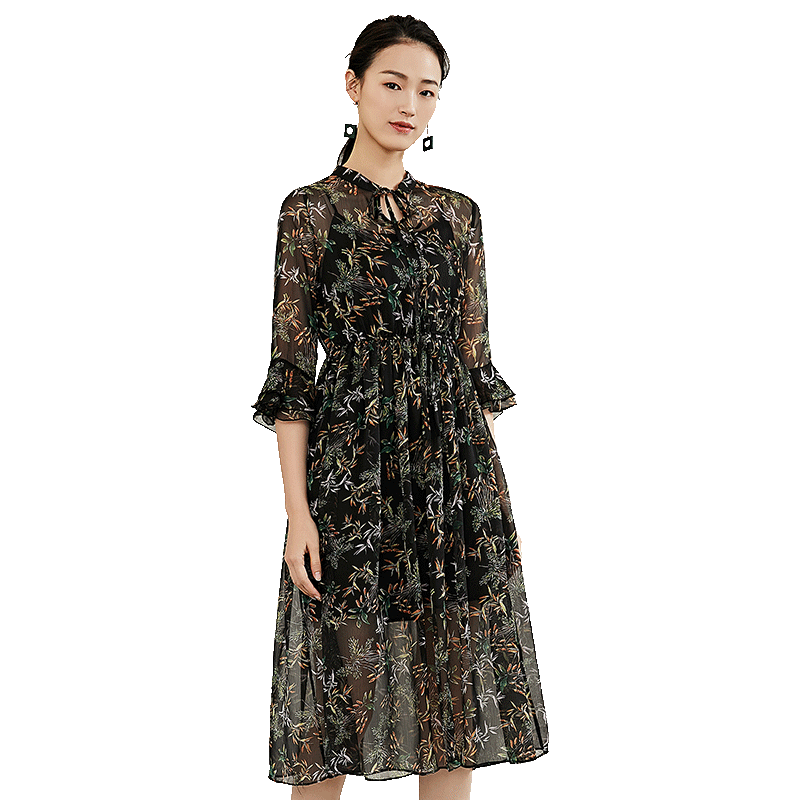 2018春季新款名人瑞裳ins雪纺长裙 名人瑞裳连衣裙