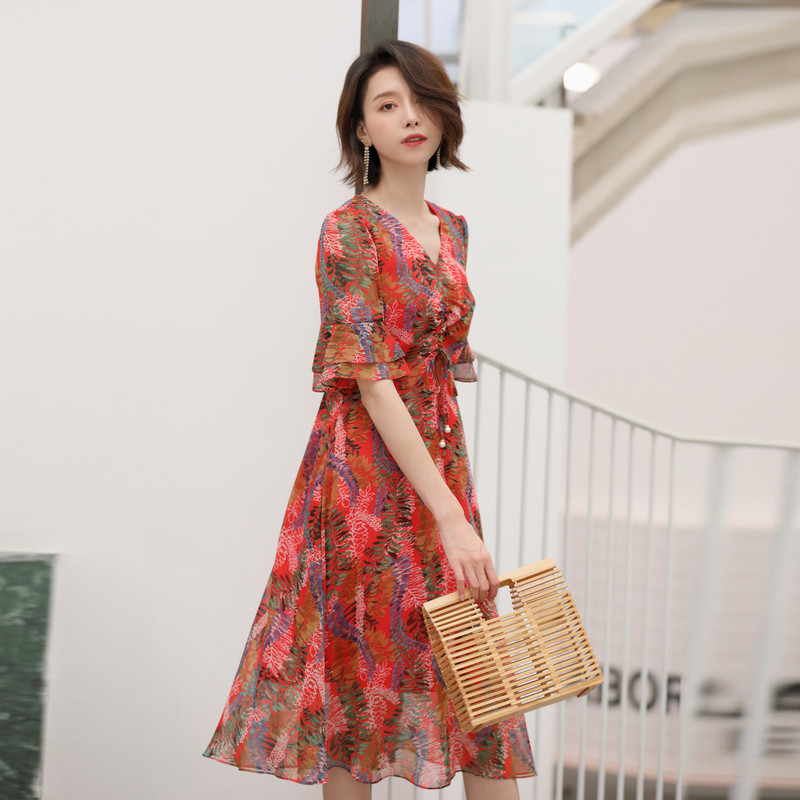 名人瑞裳女夏2018新款雪纺气质长裙 名人瑞裳连衣裙