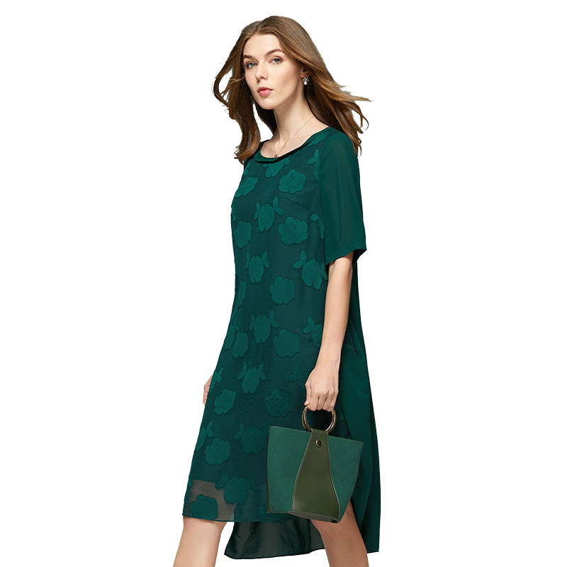 名人瑞裳2017圆领提花雪纺连衣裙 名人瑞裳连衣裙