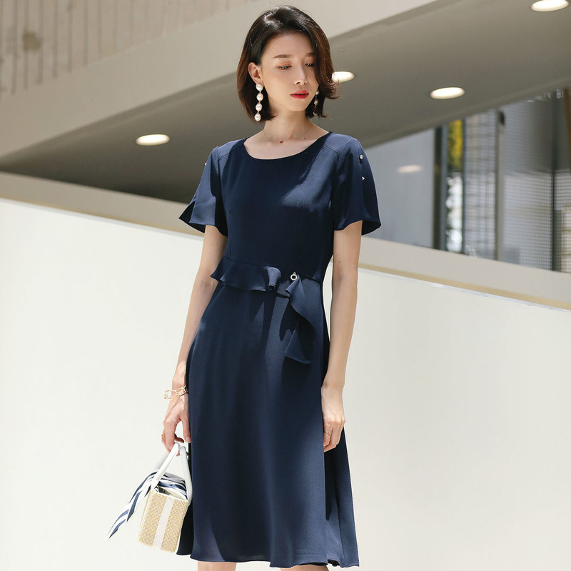 名人瑞裳2018夏季新款纯色收腰长裙 名人瑞裳连衣裙