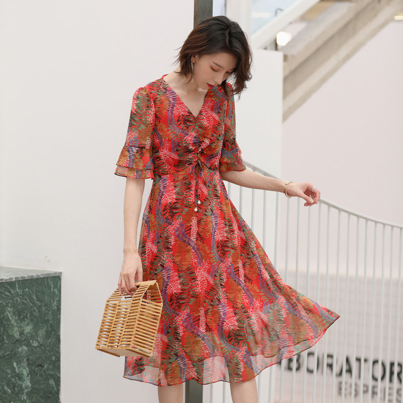 名人瑞裳女夏2018新款雪纺气质长裙 名人瑞裳连衣裙