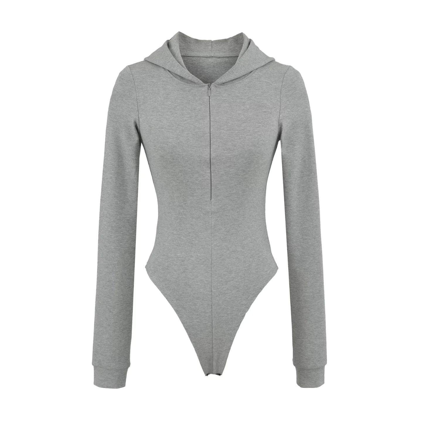 欧美风ins博主连帽长袖修身弹力女T恤连裆上衣隐形拉链连体打底衫,淘宝优惠券,粉丝福利购,淘宝优惠卷