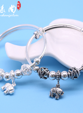 999足银手镯复古女款简约时尚民族风大象纯银手镯推拉送女友礼物