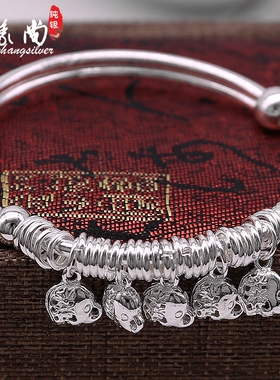 银手镯s990纯银女镂空铃铛转珠推拉银手环细带铃铛送女友生日礼物