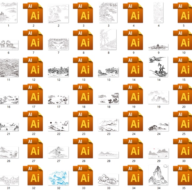 线描山水AI矢量素材线条山峰中国风山川河流风景白描图稿背景图片 - 图0