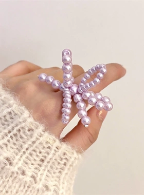 芭蕾少女风小米珠蝴蝶结指环紫色串珠戒指