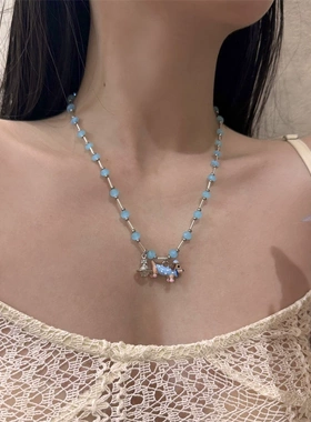 小狗项链蓝色串珠链条多巴胺可爱少女颈链夏日锁骨链饰品