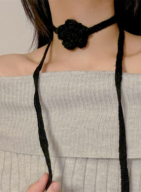 布料刀片链女性玫瑰花针织项链