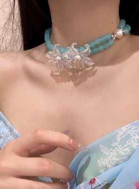 浅蓝色双层珍珠花朵项链女法式复古小众颈链甜酷风choker锁骨链
