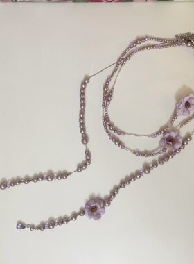 法式复古紫色花朵珍珠多层项链女轻奢小众叠戴长款毛衣链气质颈链