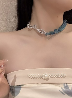 小众设计蓝色水滴串珠颈链银色珠编织麻花拼接项链ins锁骨链女