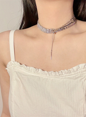 合金刀片链女性满钻可抽拉项链