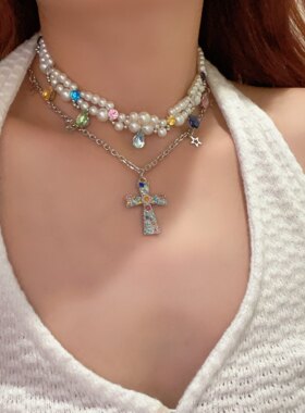 甜酷辣妹彩钻几何形珍珠项链女小众多层叠戴锁骨链百搭颈链