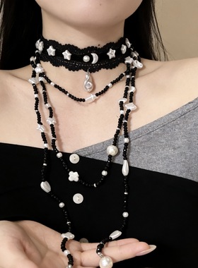黑色蕾丝珍珠月亮星星颈链choker女长款多层叠戴不规则珍珠毛衣链