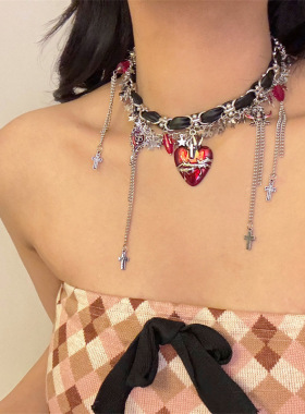 合金锁骨链女性红色爱心皮革项链