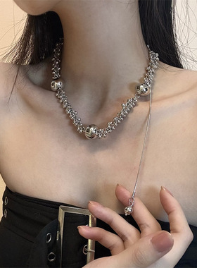 合金锁骨链女性大小圆球流苏项链